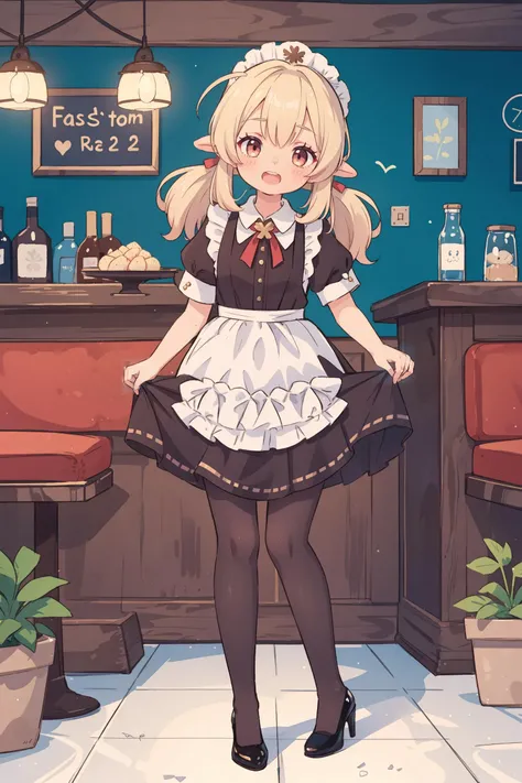 1girl, klee (genshin impact), maid, maid headdress, maid apron, white pantyhose, high heels, full body, open mouth, smile, looking at viewer, (skirt hold, curtsey: 1.2), bar (place), indoors, depth of field