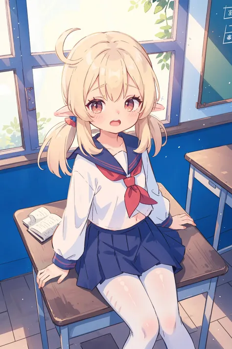 anime girl sitting on a desk in a classroom with a book