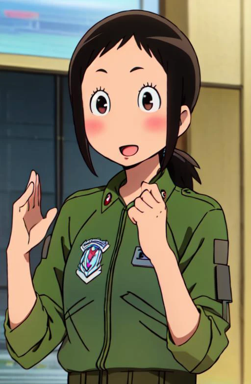 1girl, solo, amakasu hisone, military uniform, upper body, (profile:0.5), smile, :o, wide open mouth, panic expression, panic, hands in the air, aah <lora:amakasu-hisomaso:0.8>