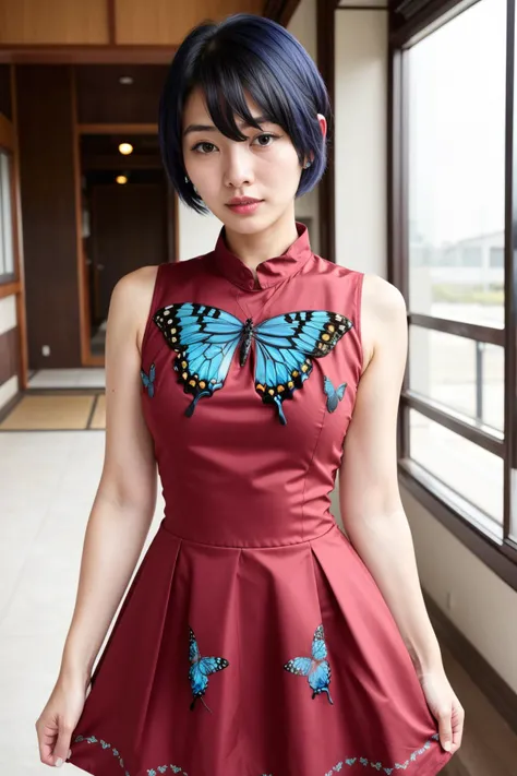 araffe woman in a red dress with a butterfly on her chest