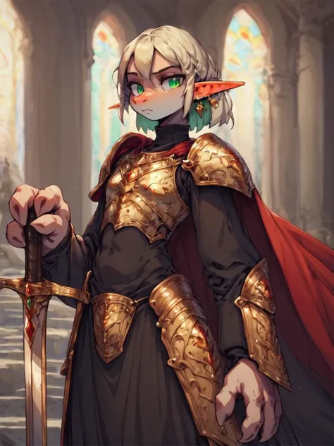 Lapanya, solo, pointy ears, snout nose, flat chest, 3 fingers 1 thumb,
gold armor, black robe, red cape, green earrings, huge sword,
castle interior,
<lora:Lapanya_PonyXL:1>, score_9, score_8_up, score_7_up,