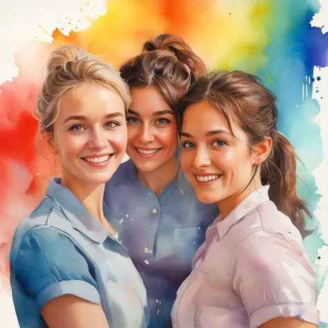 painting of three women in blue shirts posing for a picture