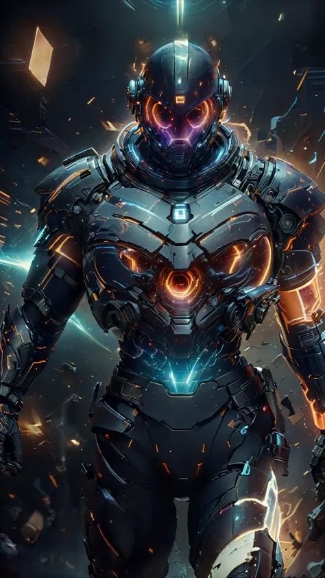 a man in a futuristic suit with glowing eyes and a glowing helmet