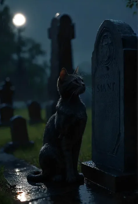 sad serene cat bidding farewell on a gravestone unknown, dusk, rain, dark, calm, realistic, highly detailed, dark, nighttime, backlight, sss,  <lora:- SDXL - vntblk_vanta_shapes_V1.0:0.7>