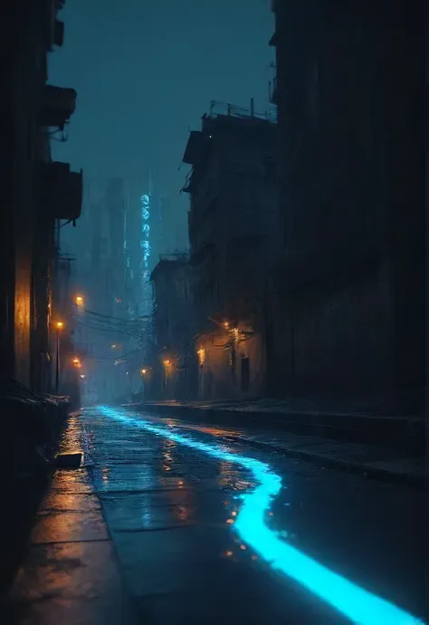 a dark street with a neon blue light on it