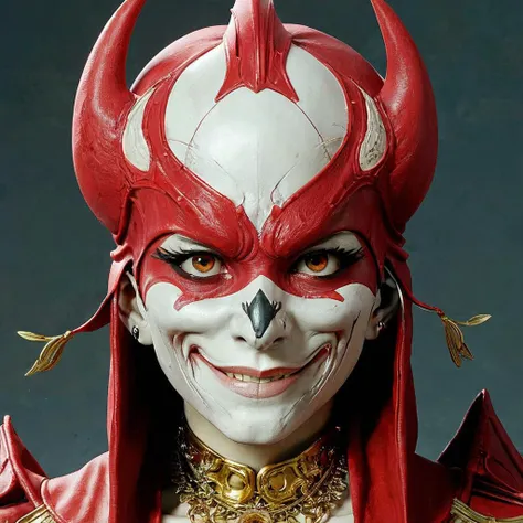 a close up of a person wearing a red and white mask