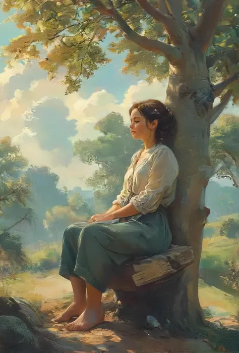 painting of a woman sitting on a bench under a tree