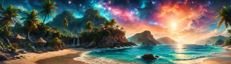 a painting of a beach with palm trees and a colorful sky