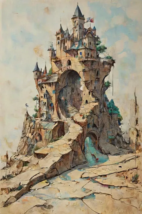 painting of a castle on a cliff with a waterfall