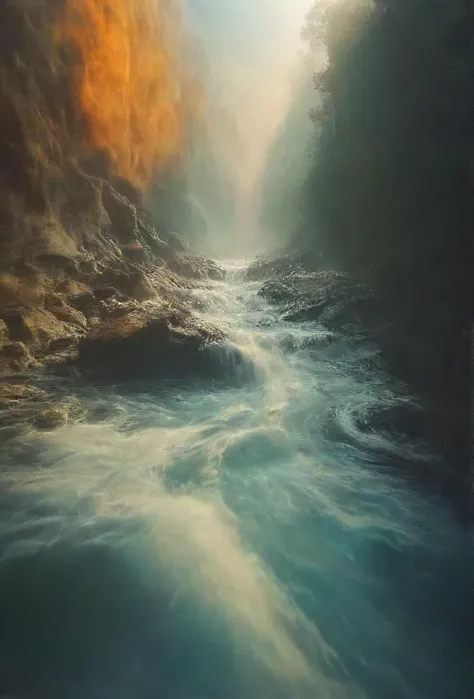 painting of a river with a waterfall in the middle of it