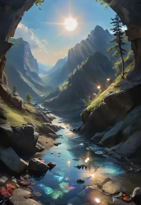 a painting of a mountain stream in a valley with a sun shining over it