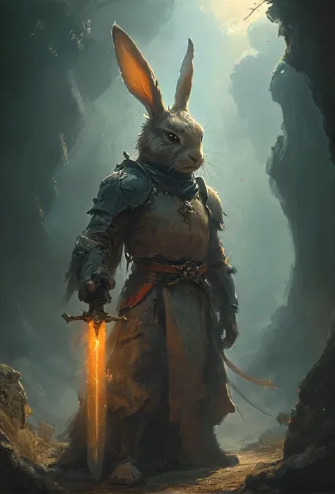 a rabbit in a suit holding a sword in a cave