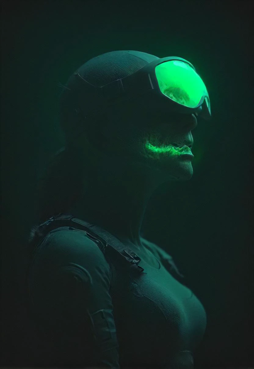 a close up of a person wearing a green mask and goggles