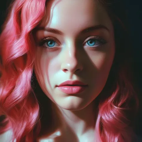 a close up of a woman with pink hair and blue eyes