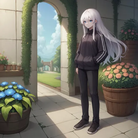 anime girl standing in front of a flower pot with flowers