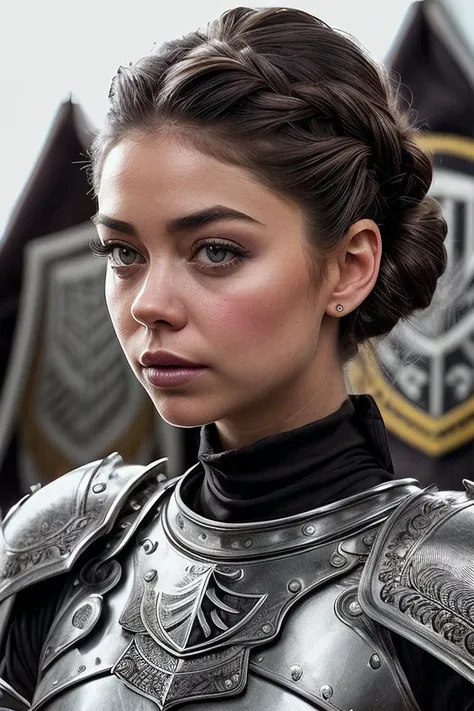 beautiful woman (S4r4hHyl4nd:.99), ((  Purple twisted updo hairstyle :1.2)), alternative jewellery, ((portrait)), (closeup:1.2), ((from the waist up)), ((( A grand knights hall with banners and shields :1.2 ))), natural skin texture,  (( <lora:Armor:0.9:TT...