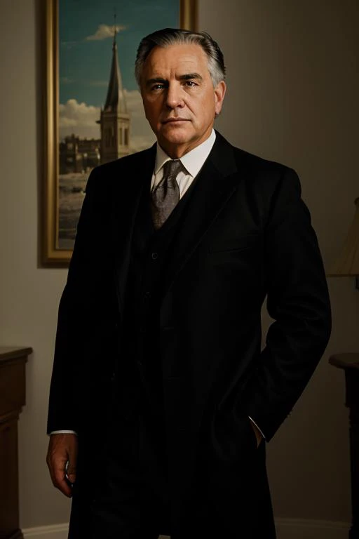 a close up of a man in a suit and tie standing in a room