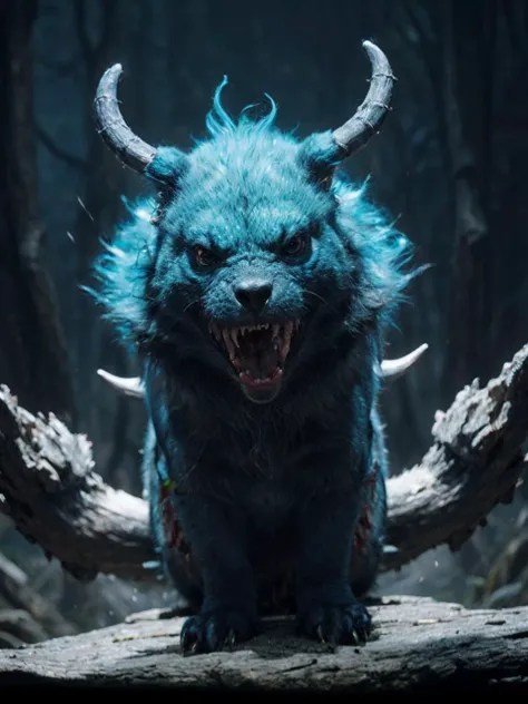 a blue monster with horns and horns on its head sitting on a rock