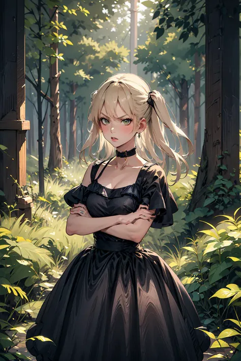 ((masterpiece)), (best quality), official art, extremely detailed CG, unity 8k wallpaper, ultra detailed,
machida, angry, crossed arms, 
black_dress, choker, gothic, 
forest, mountain, day, sunbeam, tree, 
<lora:Machida:0.7>, 8k-perfect-arnold