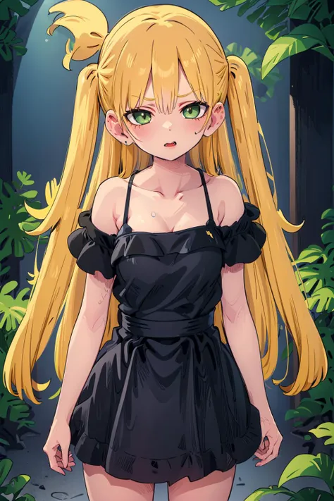 a cartoon image of a woman in a black dress standing in a forest