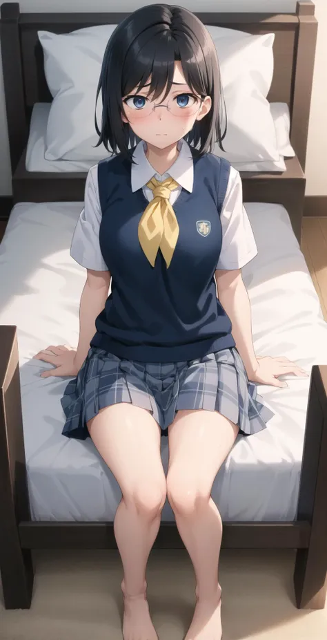 anime girl sitting on a bed with her legs crossed