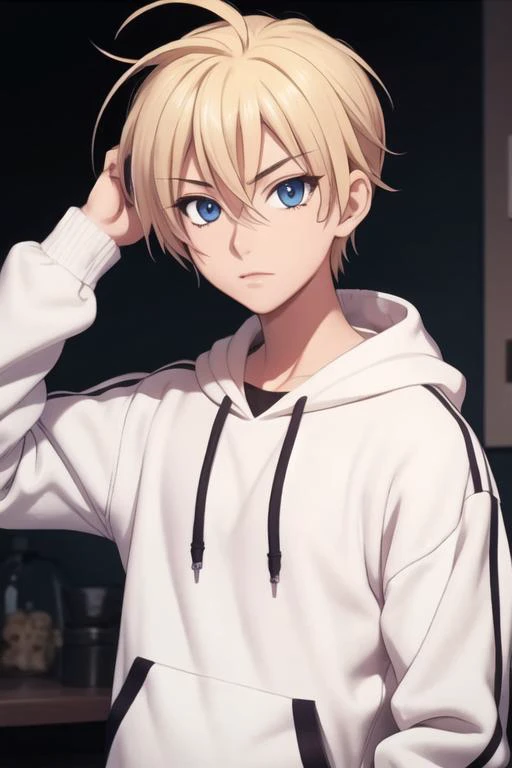 masterpiece, best quality, high quality, 1boy, solo, male focus, looking at viewer, upper body, <lora:yuuto_kiba:0.54>, yuuto_kiba, blonde hair, blue eyes, hair between eyes, , hoodie