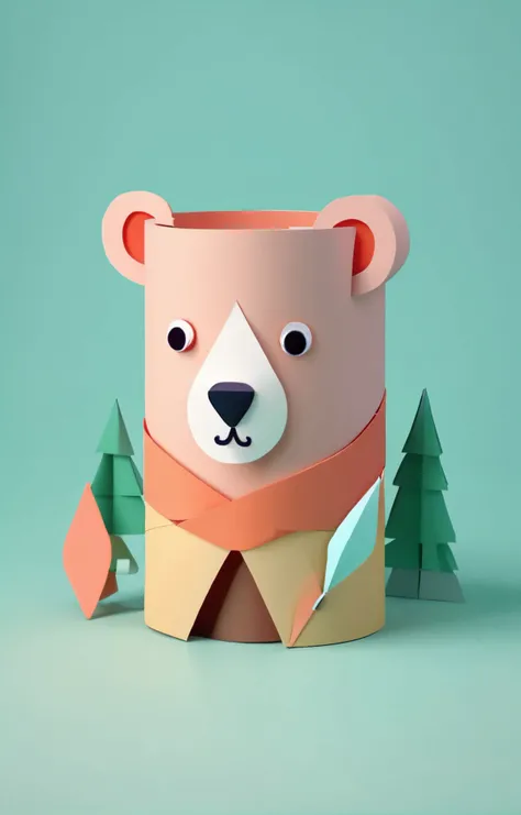 3d isometric, blender render, soft colorful-hued colors, papercraft, a cute bear made of toilet paper roll, tprc style, <lora:Toilet_Paper_Roll_Craft_SDXL:0.6>, highly detailed, salmon, river, forest, scissors Two tone lighting, abstract geometric gradient...