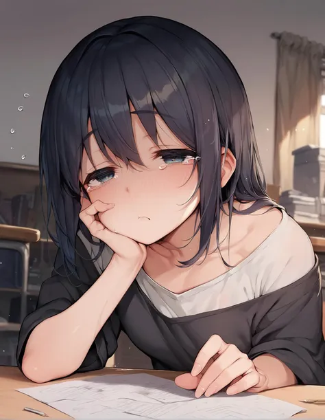 anime girl sitting at a table with her hand on her chin