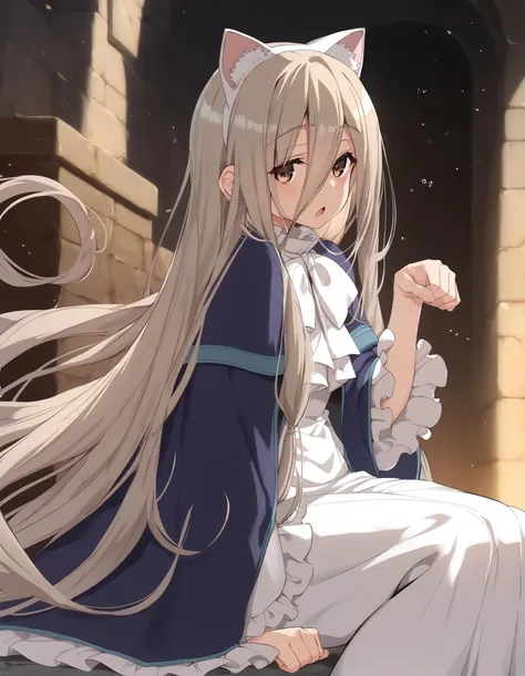 anime girl with long white hair sitting on a stone wall