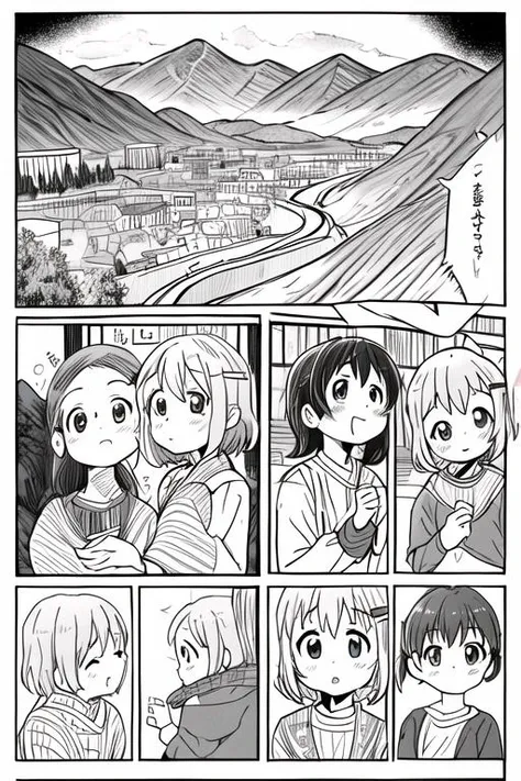 masterpiece, best quality,ultra detail, <lora:anmnr01:0.3>  <lora:add_detail:0.5>,<lora:GoodHands-vanilla:0.8>.long,line art,3girls,comic,border,koma,Text bubble, <lora:LZ-comic strip:0.4> yukimuraaoi ,kurauehinata,mountain road