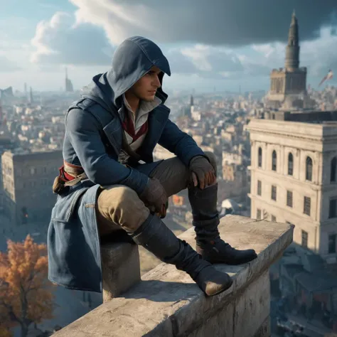 Hyperrealistic art of  <lora:Assassins Creed style:1>
a man sitting on a ledge overlooking a city,solo,1boy,male focus,boots,outdoors,sky,pants,cloud,black footwear,coat,bird,squatting,cloudy sky,building,scenery,city,cityscape,blue coat,tower Assassinâs...