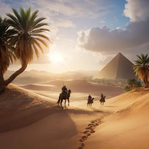 Hyperrealistic art of  <lora:Assassins Creed style:1>
a desert with a few people riding horses Assassins Creed Origins,outdoors,sky,day,cloud,tree,blue sky,no humans,beach,scenery,mountain,sand,sun,landscape,desert Assassinâs Creed style, Assassins Creed...