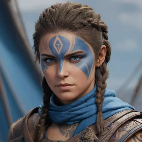 Hyperrealistic art of  <lora:Assassins Creed style:1>
Eivor Varinsdottir a woman with a face painted with blue paint,solo,long hair,blue eyes,brown hair,1boy,braid,male focus,parted lips,artist name,tattoo,blue background,scar,facial mark,portrait,hair ove...