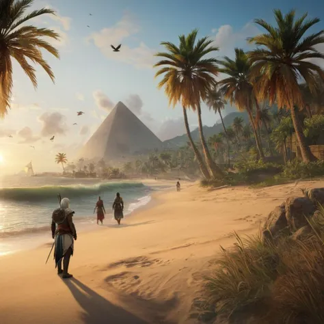 Hyperrealistic art of  <lora:Assassins Creed style:1>
a group of people standing on a beach next to a body of water,long hair,outdoors,water,tree,bird,scenery,reflection,sunset,palm tree,sun Assassinâs Creed style, Assassins Creed style, Open world, Acti...