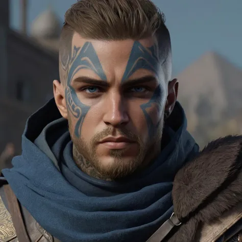 Hyperrealistic art of  <lora:Assassins Creed style:1>
Eivor Varinsdottir a man with a tattoo on his face,solo,looking at viewer,short hair,blue eyes,simple background,1boy,male focus,armor,lips,scar,black background,portrait,scar on face,realistic Assassin...