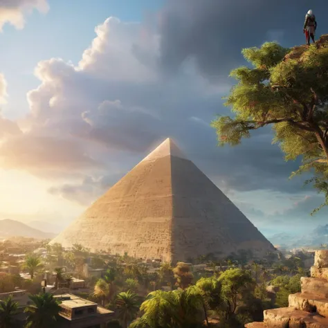 Hyperrealistic art of  <lora:Assassins Creed style:1>
a man standing on top of a pyramid,outdoors,sky,cloud,tree,no humans,sunlight,building,star (sky),scenery,sunset,mountain,city,cityscape Assassinâs Creed style, Assassins Creed style, Open world, Acti...