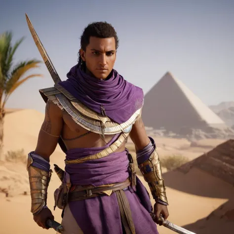 Hyperrealistic art of  <lora:Assassins Creed style:1>
a man in a purple outfit holding a sword Assassins Creed Origins,solo,black hair,gloves,1boy,holding,weapon,male focus,sword,holding weapon,armor,mask,facial hair,holding sword,shoulder armor,beard,mout...