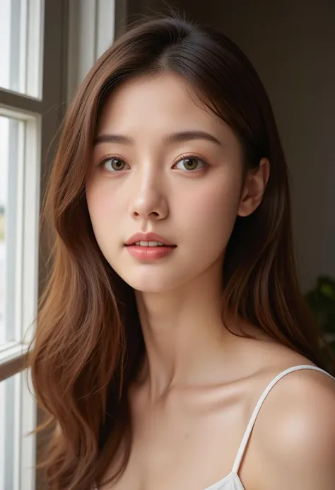 imagine a photorealistic portrait capturing the delicate features of a young woman with porcelain skin, cascading chestnut hair,...