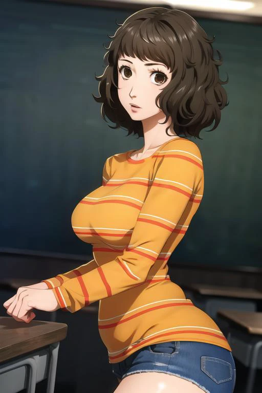 masterpiece, illustration, high quality, highres, volumetric lighting, dynamic angle, 
1girl, solo, female focus,
(curvy),
tired, expressions, 
(yellow striped long sleeves),
denim shorts, teacher
P5_Kawakami, 
(classroom)
<lora:persona5PortraitLora_v03:0....