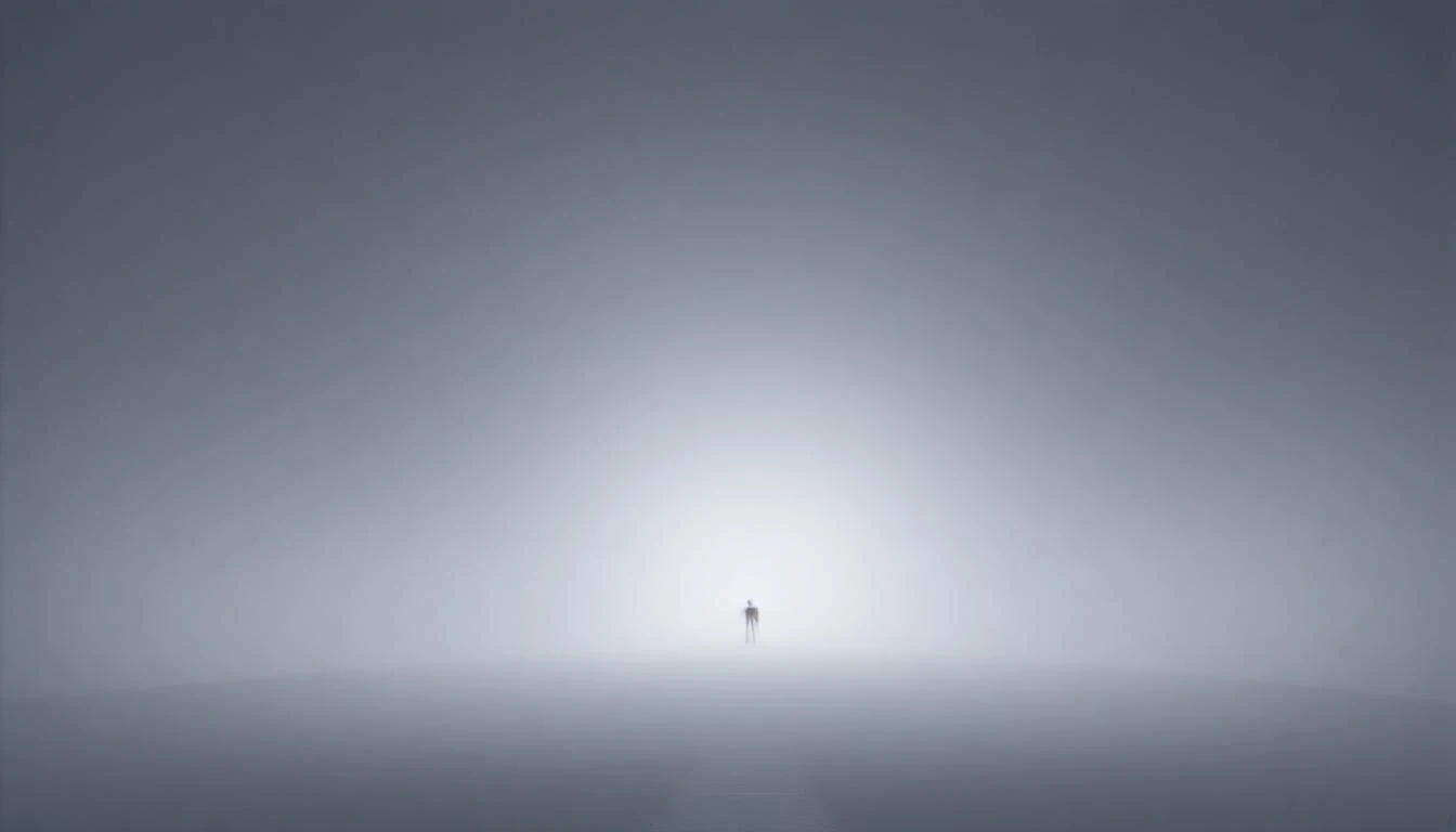 a person standing in the middle of a foggy field with a light shining through the fog