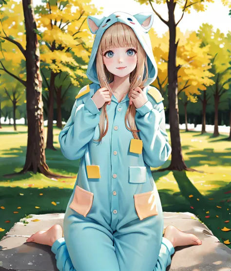 anime girl in blue pajamas sitting on a bench in a park