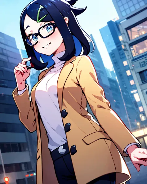 anime girl in glasses and a tan jacket walking down a city street