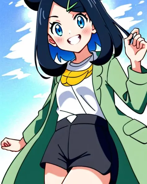 anime girl with blue eyes and a green coat and black shorts