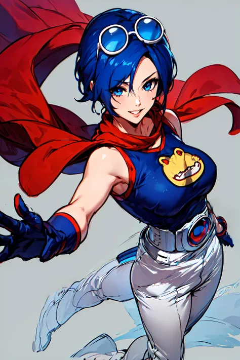 a close up of a woman in a blue and red outfit