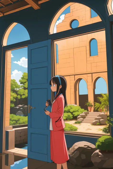 anime girl standing in front of a blue door looking at her phone