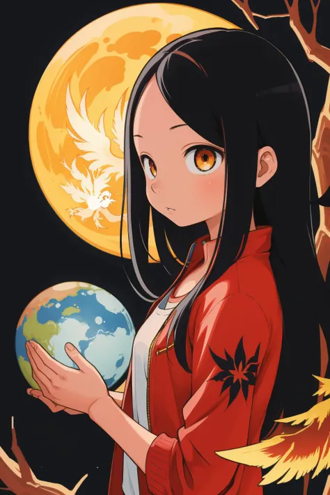 a woman holding a globe in her hands in front of a full moon