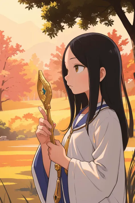 a woman holding a golden sword in a field