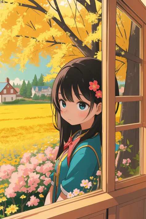 a girl looking out a window at a field of flowers