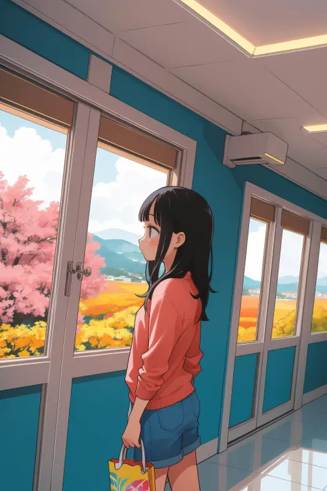 anime girl looking out of window with a shopping bag