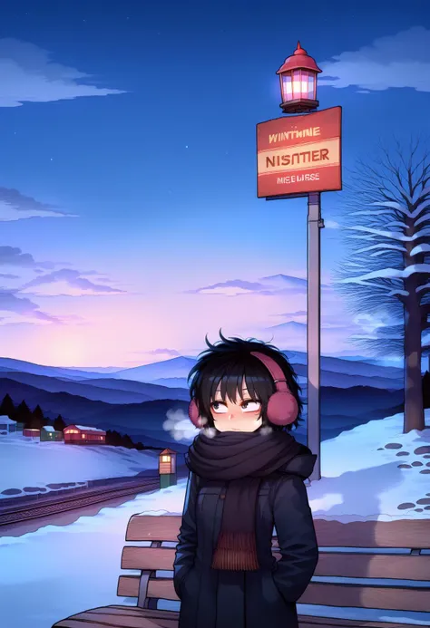 score_9, best quality, masterpiece, uncensored, source_anime
BREAK
solo, 1girl, blush, short hair, black hair, female focus, outdoors, sky, scarf, tree, coat, night, messy hair, star (sky), night sky, breath, scenery, snow, starry sky, black coat, mountain...